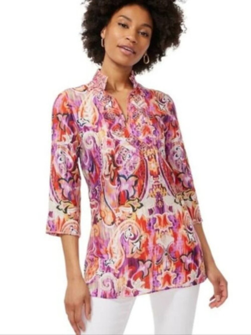 NWT Chico's Paisley Ikat Beaded Tunic Top Orange Pink Purple Size 2 US 12 3/4 Sl